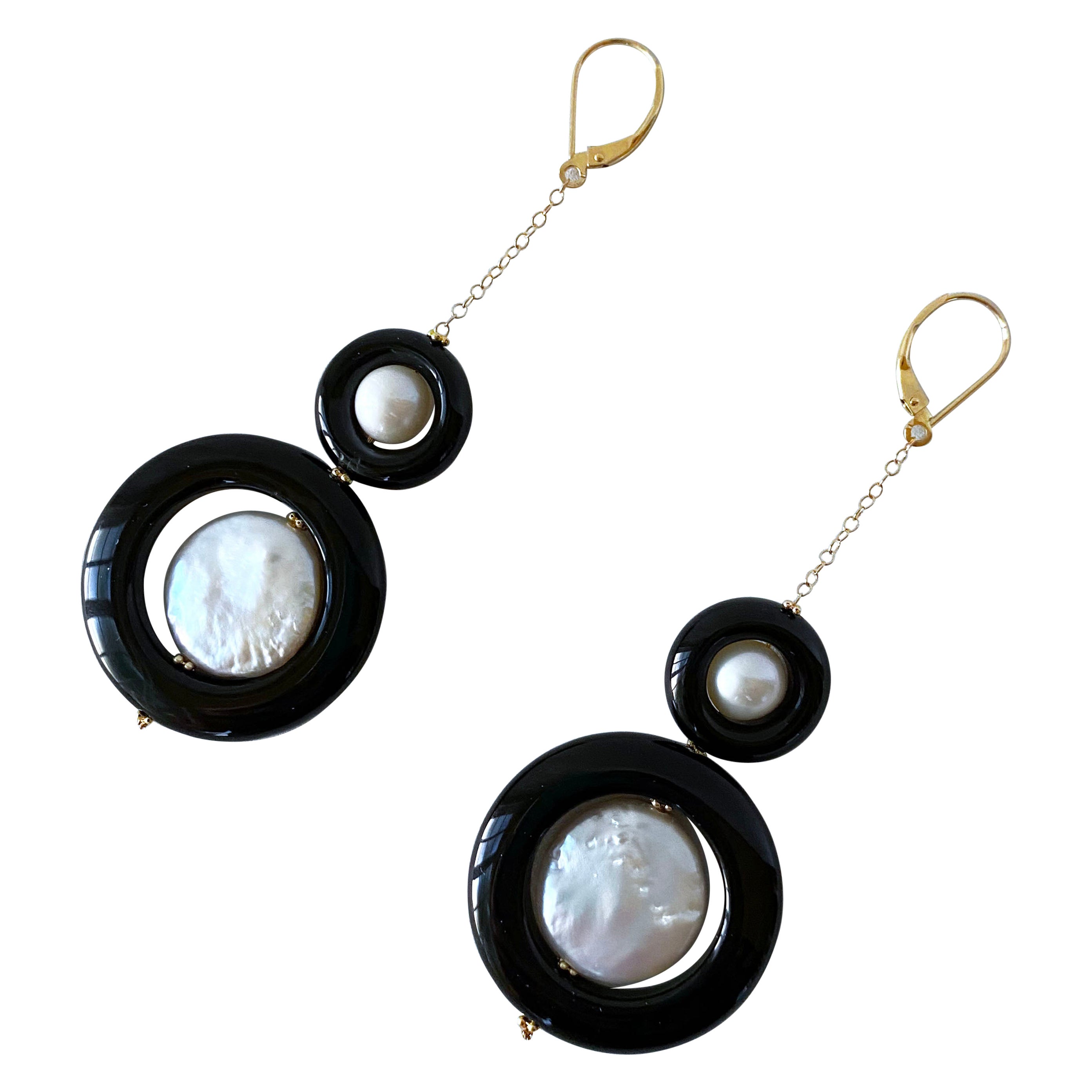 Marina J. Two Tier Pearl, Black Onyx and Solid 14k Yellow Gold Earrings For Sale