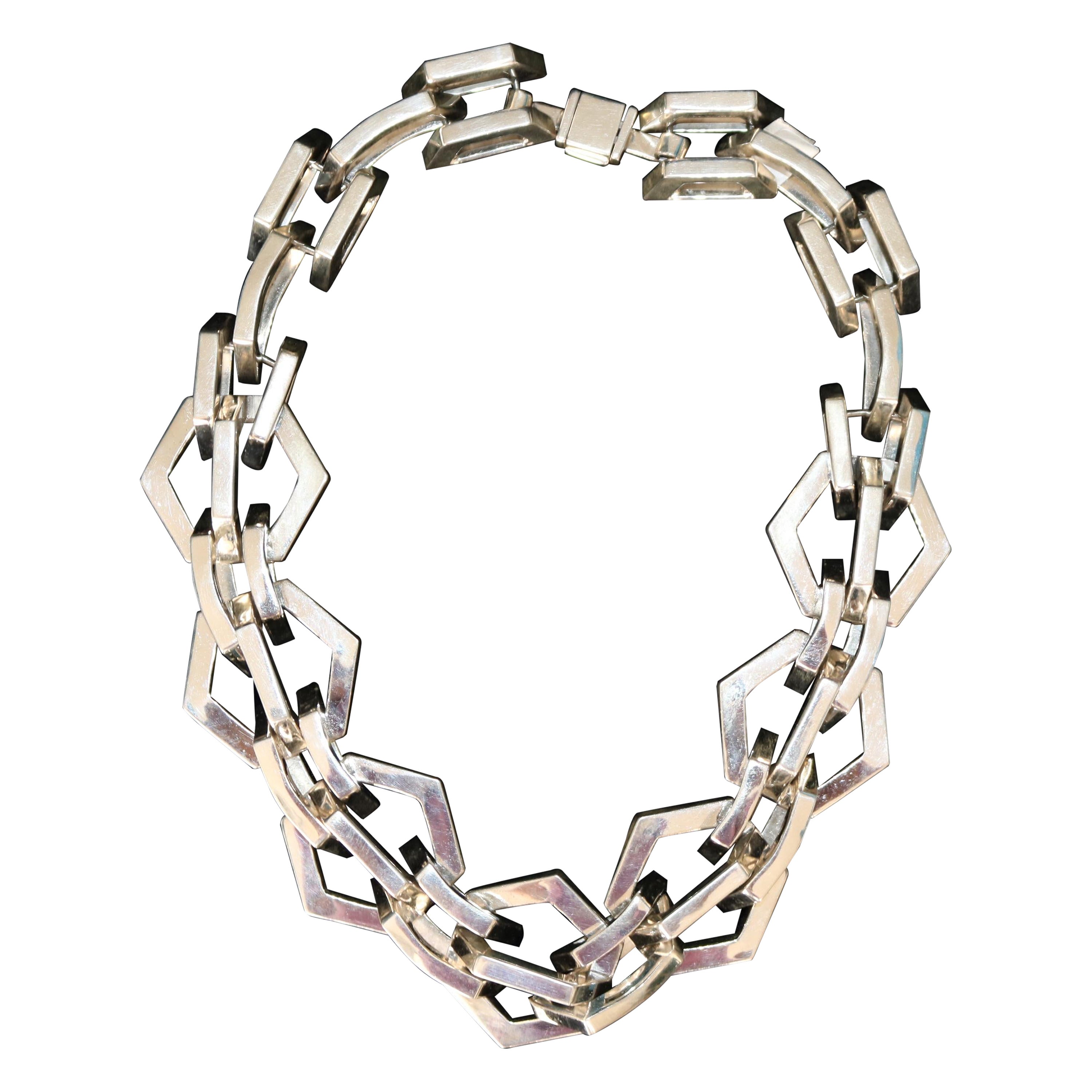 Handcrafted Hexagonal 925 Silver Link Necklace For Sale