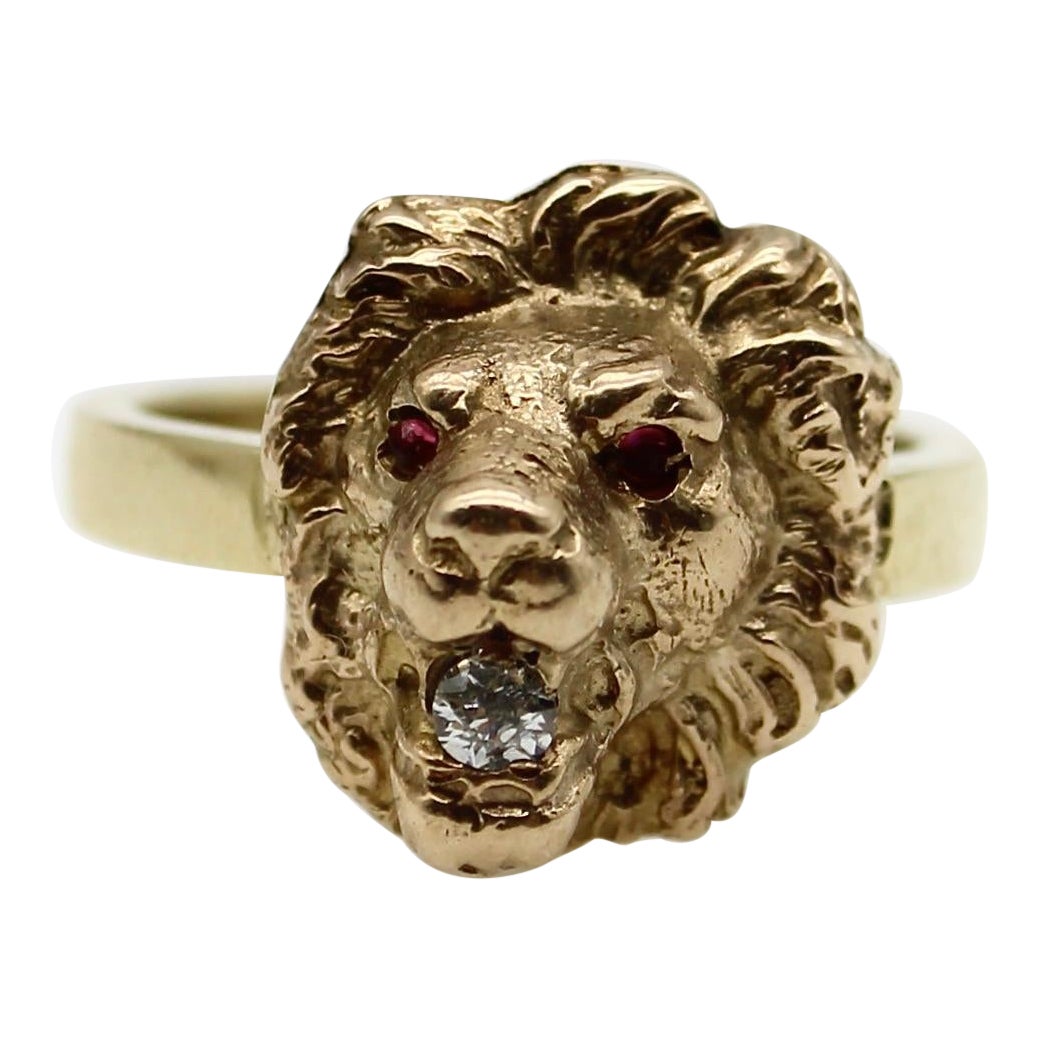 Victorian 14K Gold Lion Ring with Diamond in Mouth and Garnet Eyes  For Sale