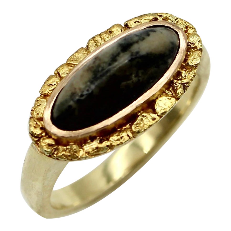 Gold Rush Era 22K and 14K Gold Nugget and Moss Agate Ring 