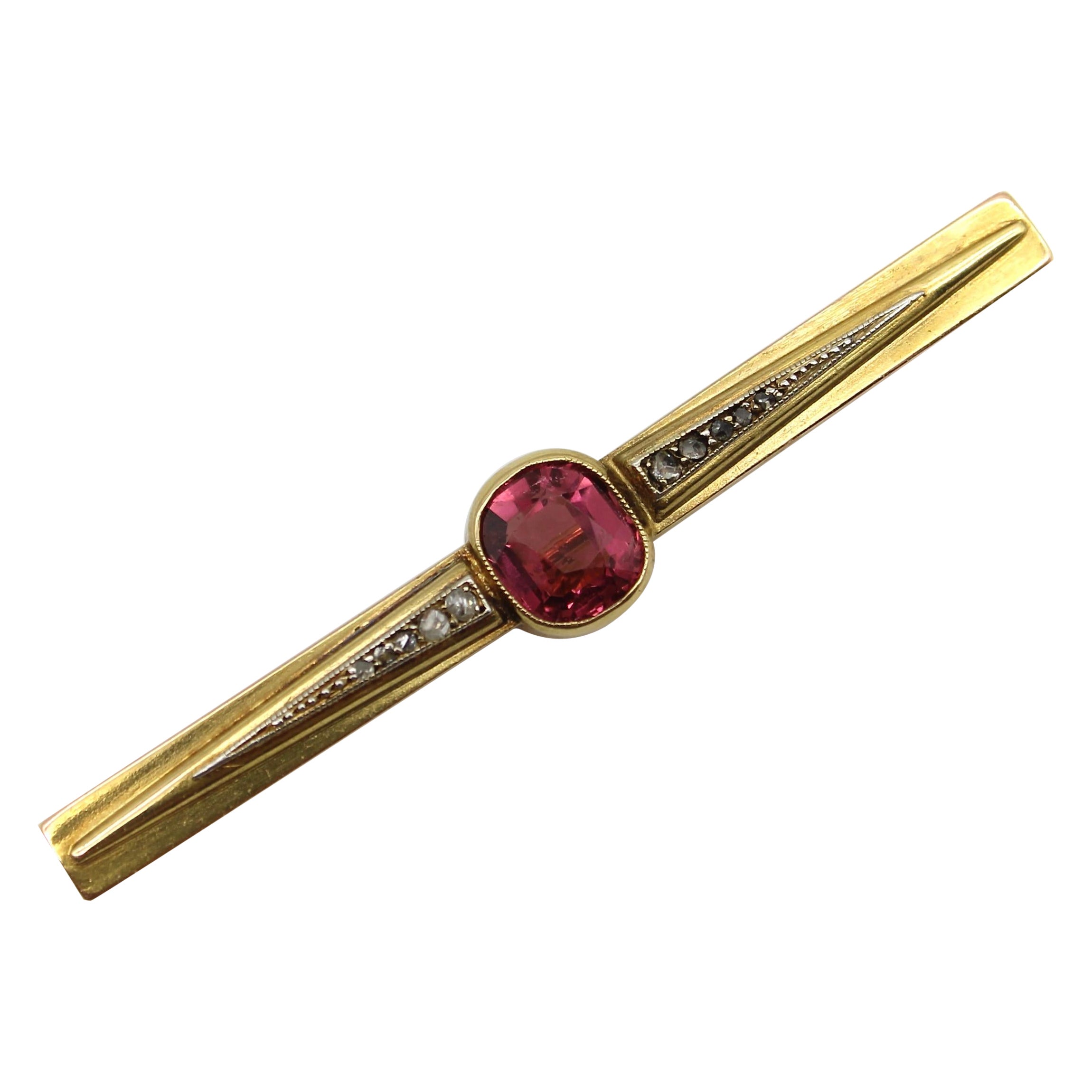 French 18K Gold Brooch with Bezel Set Tourmaline and Diamonds 