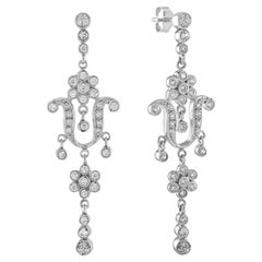 1.2 Ct. Boucles d'oreilles pendantes florales en or blanc 18 carats avec diamants de style édouardien