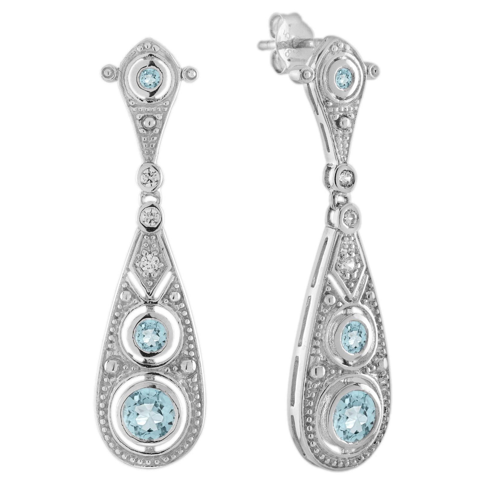 Pendientes de gota de filigrana estilo eduardiano de aguamarina y diamantes en oro blanco de 18 quilates