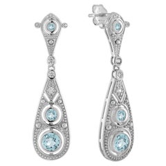 Aquamarine and Diamond Edwardian Style Filigree Drop Earrings in 18K White Gold