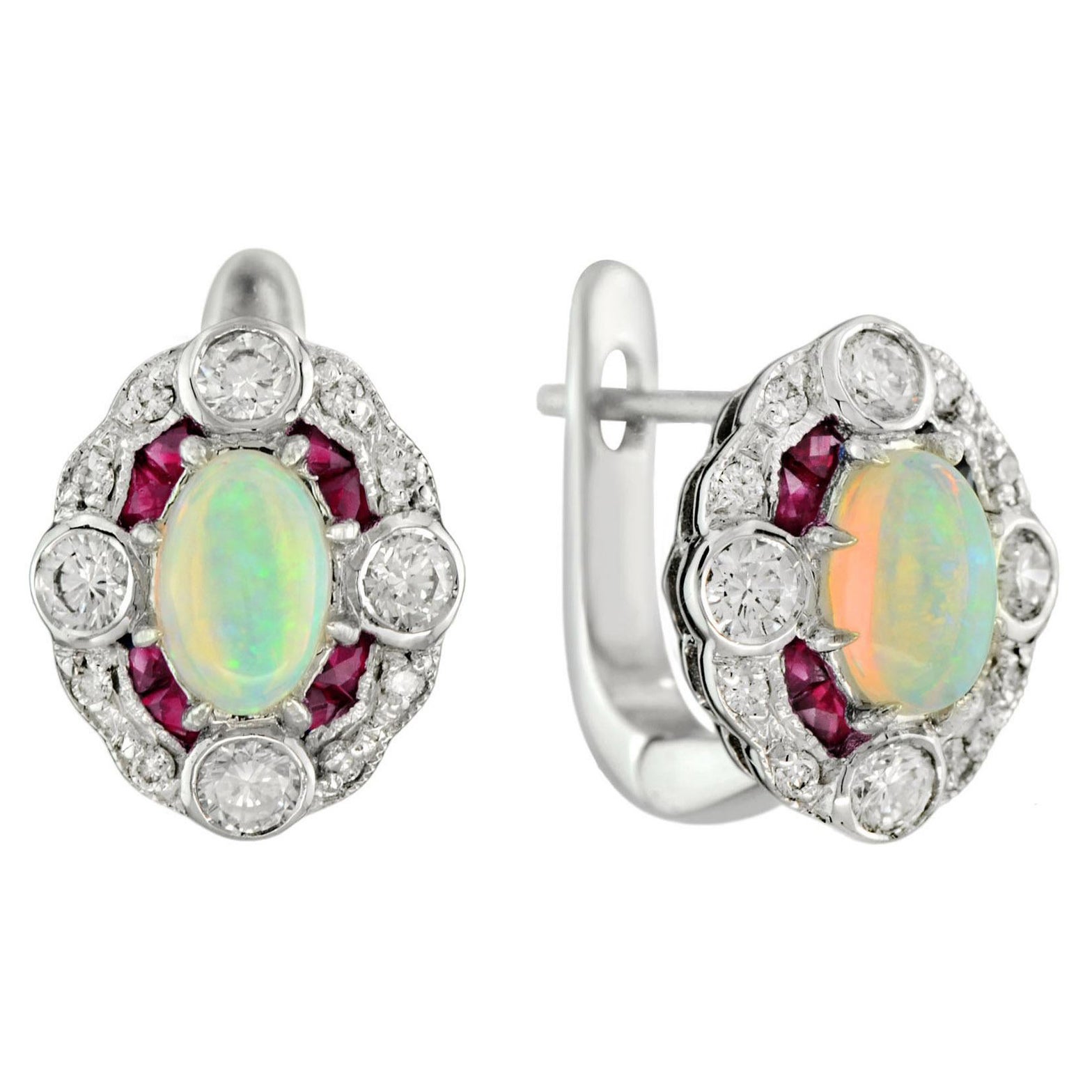 Ethiopian Opal Ruby Diamond Art Deco Style Latch Back Earrings in 18K White Gold For Sale