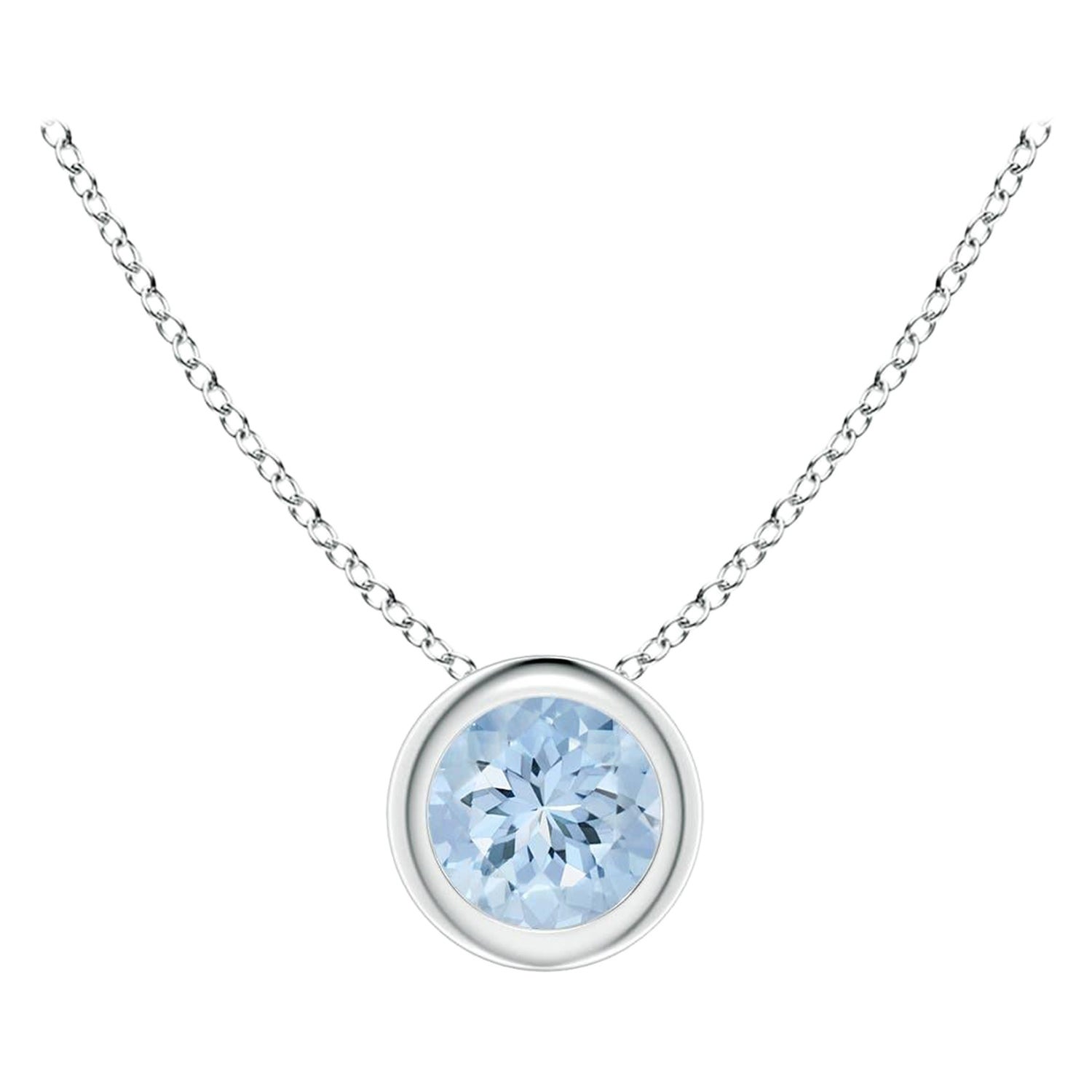 Natural Round Aquamarine Solitaire Pendant in Platinum (Size-4mm) For Sale