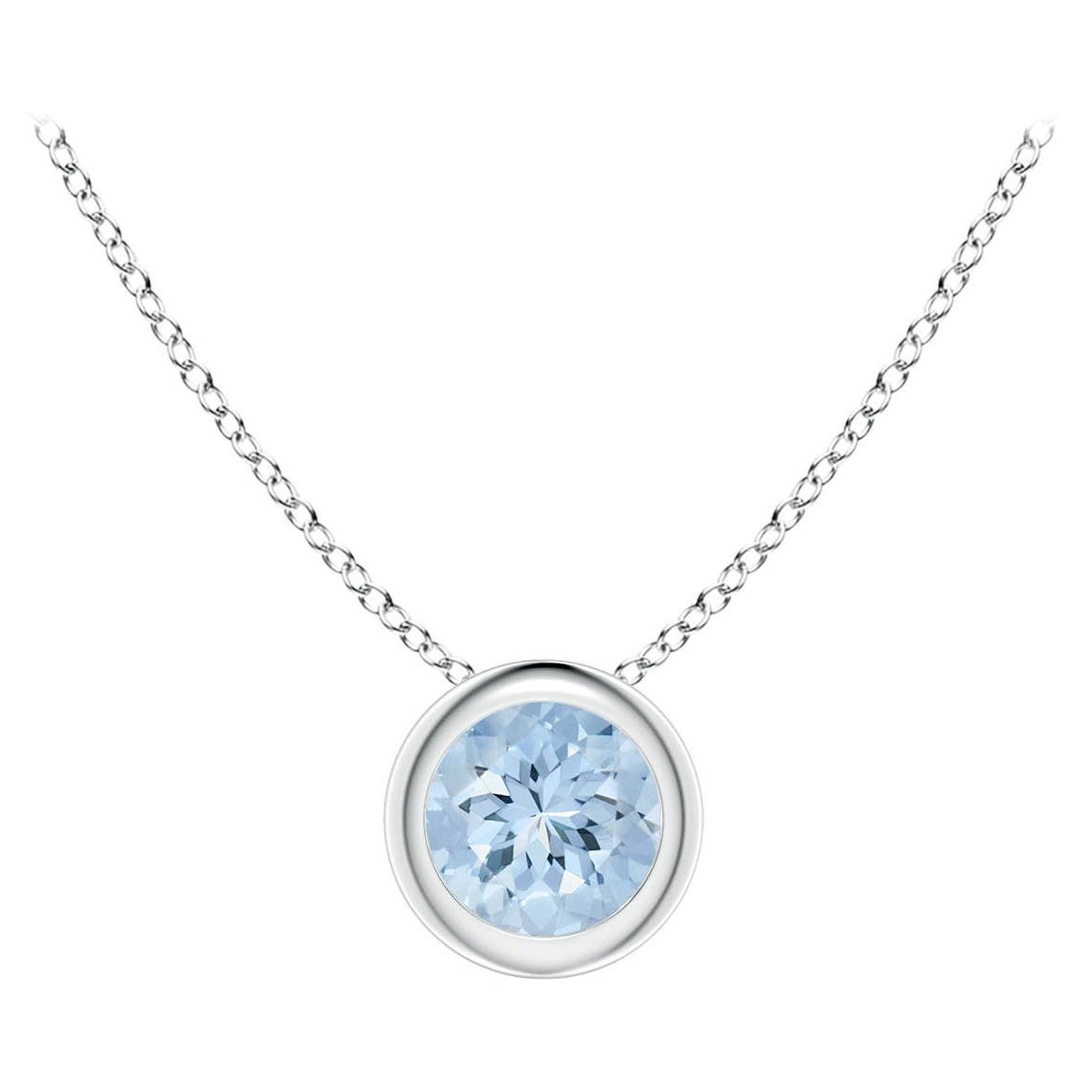 Pendentif solitaire aigue-marine ronde naturelle en platine (taille 4 mm)
