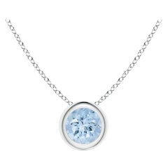 Pendentif solitaire aigue-marine ronde naturelle en platine (taille 4 mm)