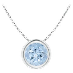 Pendentif solitaire aigue-marine ronde naturelle en platine (taille 6 mm)