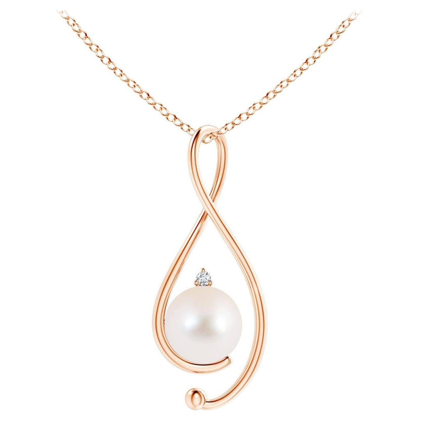 Pendentif Infinity en or rose 14 carats avec perles de culture d'eau douce et diamants en vente