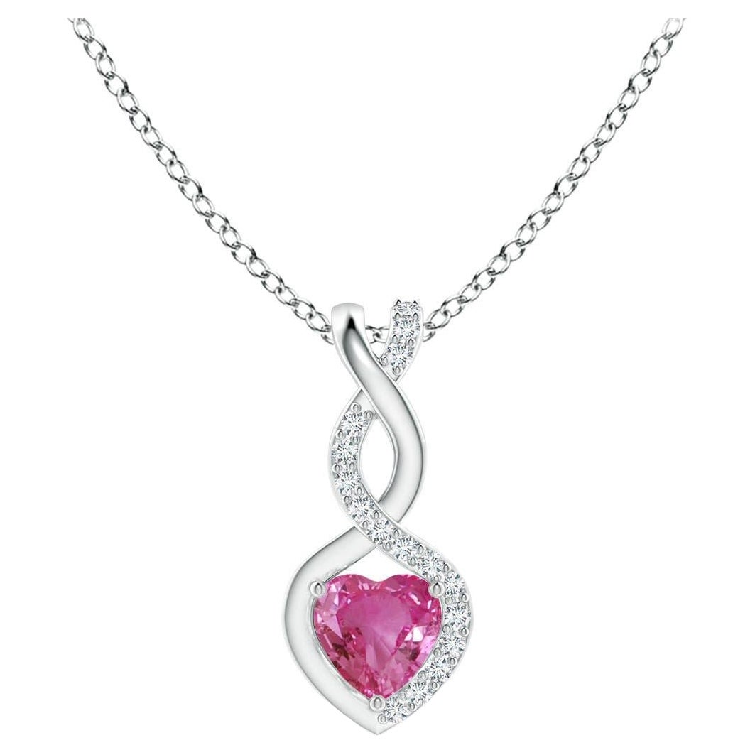 Natural 0.25ct Pink Sapphire Infinity Heart Pendant Diamonds in 14K White Gold For Sale