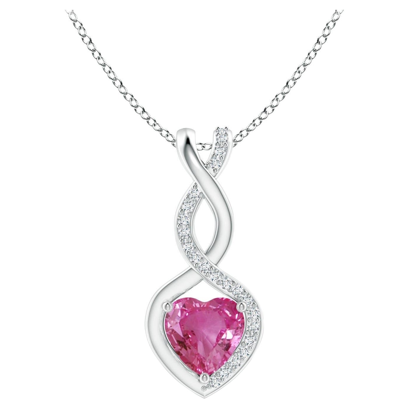 Natural 0.80ct Pink Sapphire Infinity Heart Pendant Diamonds in 14K White Gold For Sale