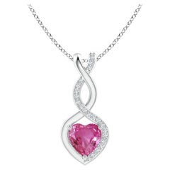 Natural 0.80ct Pink Sapphire Infinity Heart Pendant Diamonds in 14K White Gold