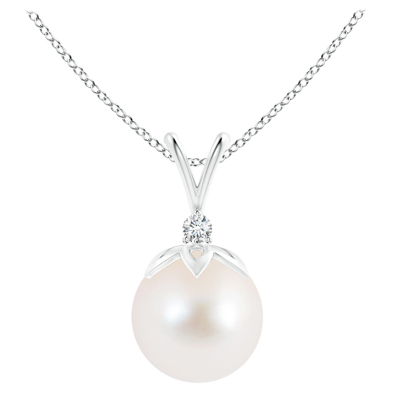 Freshwater Cultured Pearl V-Bale Pendant with Diamond in 14K White Gold For Sale