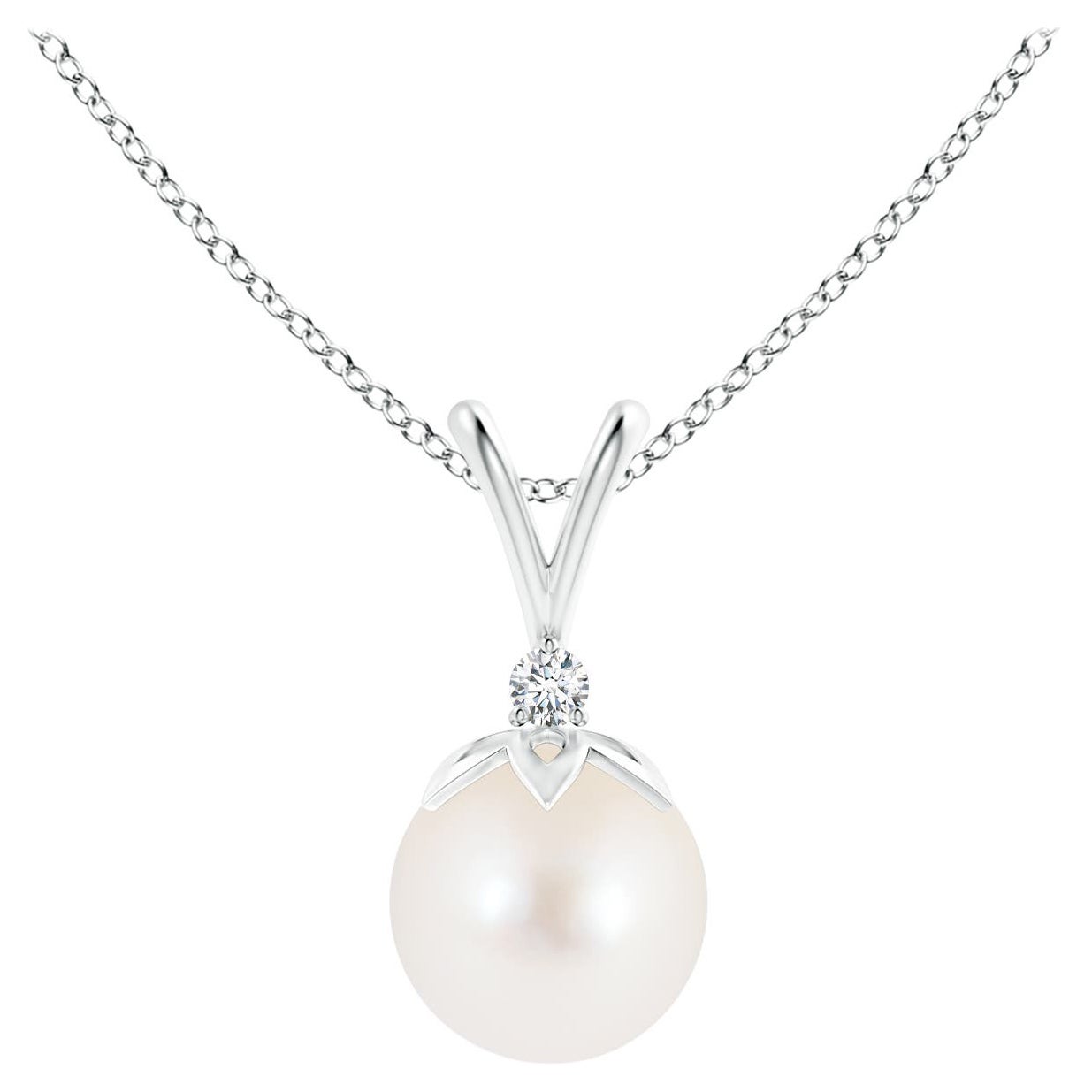 Freshwater Cultured Pearl V-Bale Pendant with Diamond in 14K White Gold For Sale
