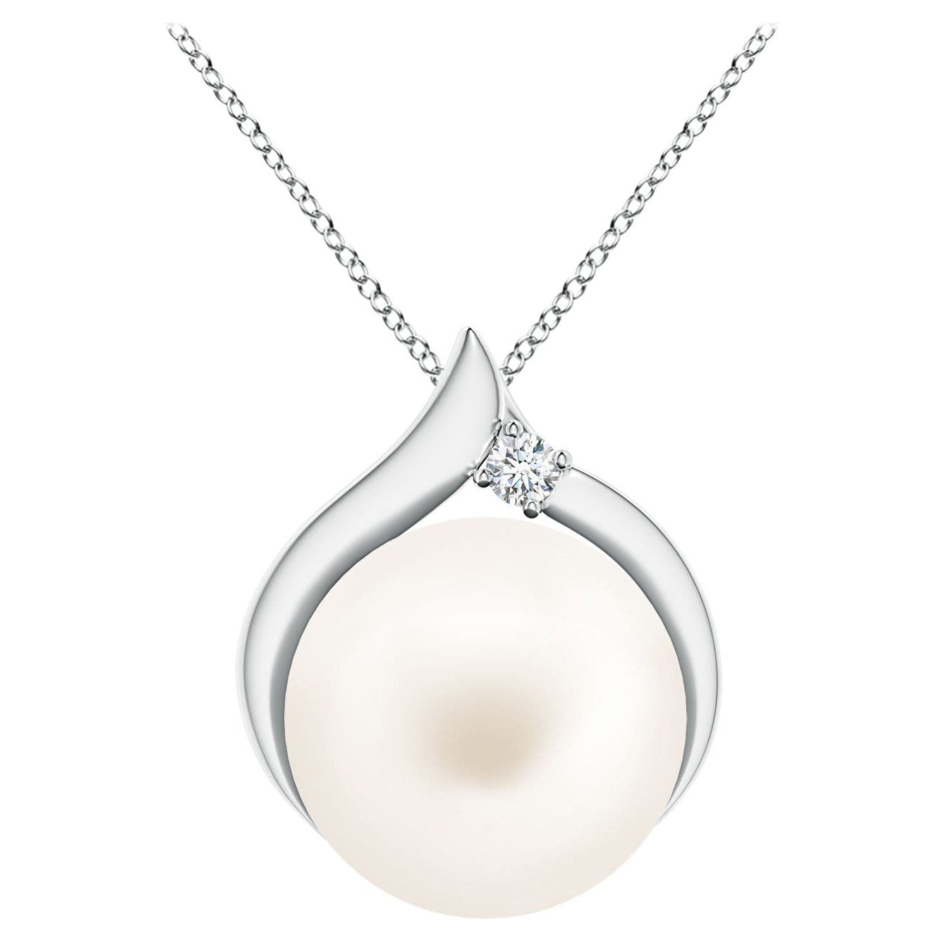 Freshwater Cultured Pearl Solitaire Pendant with Diamond in 14K White Gold For Sale