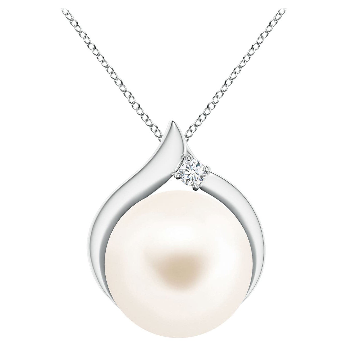 Freshwater Cultured Pearl Solitaire Pendant with Diamond in 14K White Gold For Sale