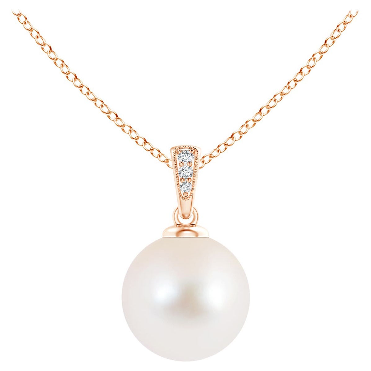 Solitaire Freshwater Cultured Pearl Pendant with Diamonds in 14K Rose Gold For Sale