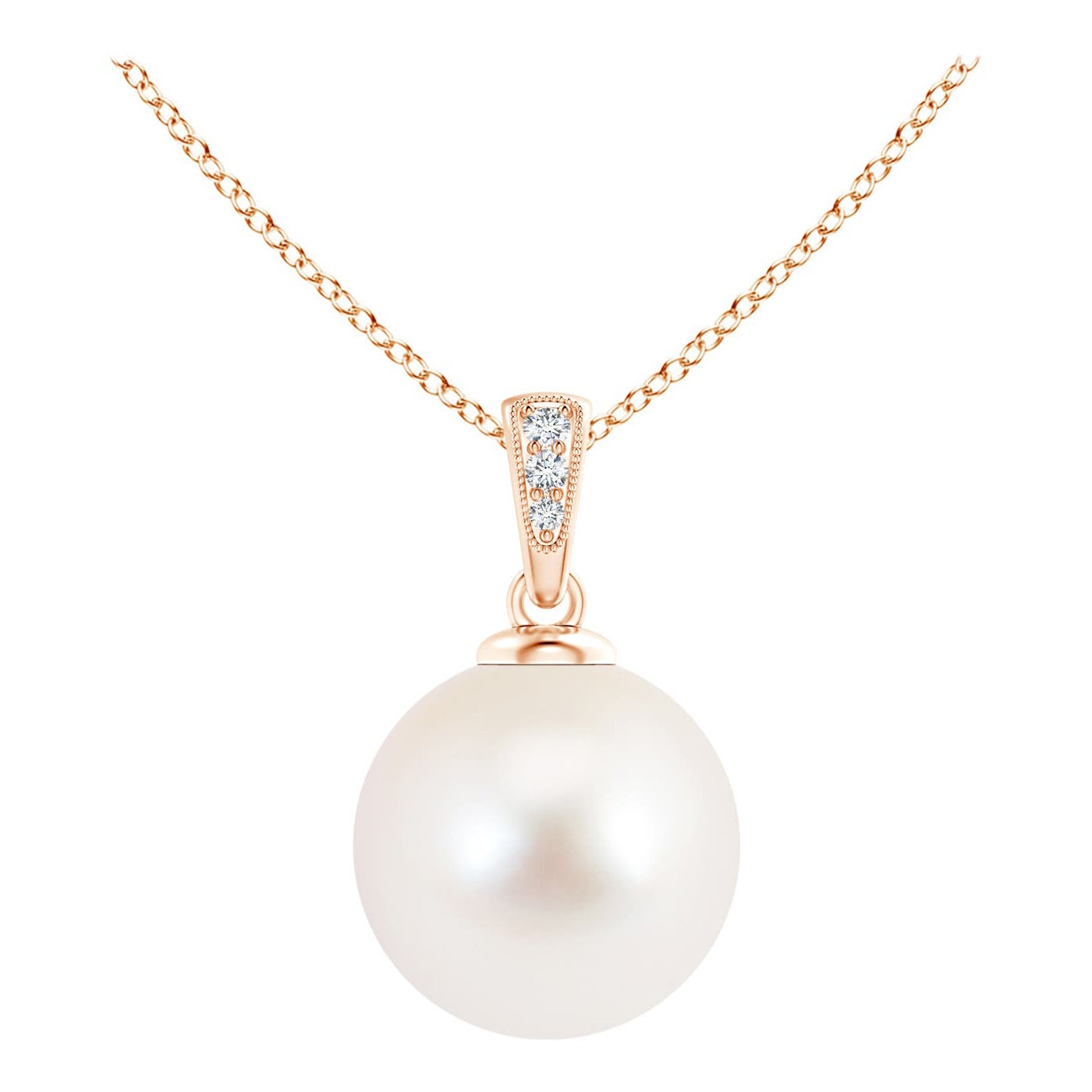 Solitaire Freshwater Cultured Pearl Pendant with Diamonds in 14K Rose Gold For Sale