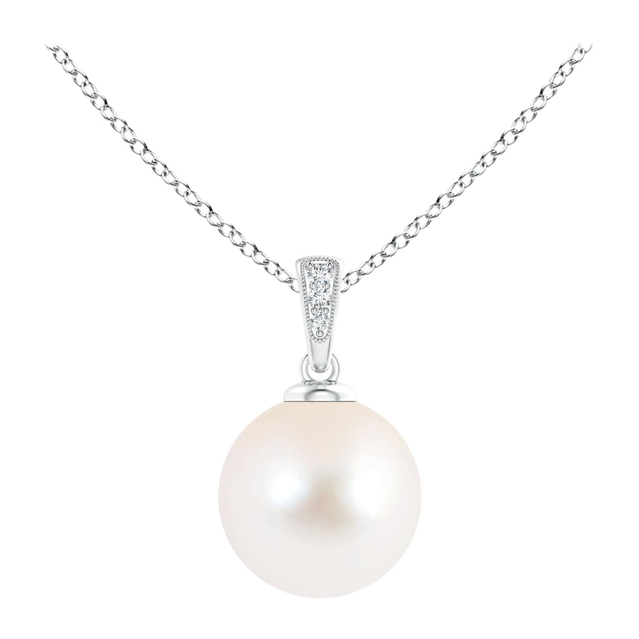 Solitaire Freshwater Cultured Pearl Pendant with Diamonds in 14K White Gold For Sale