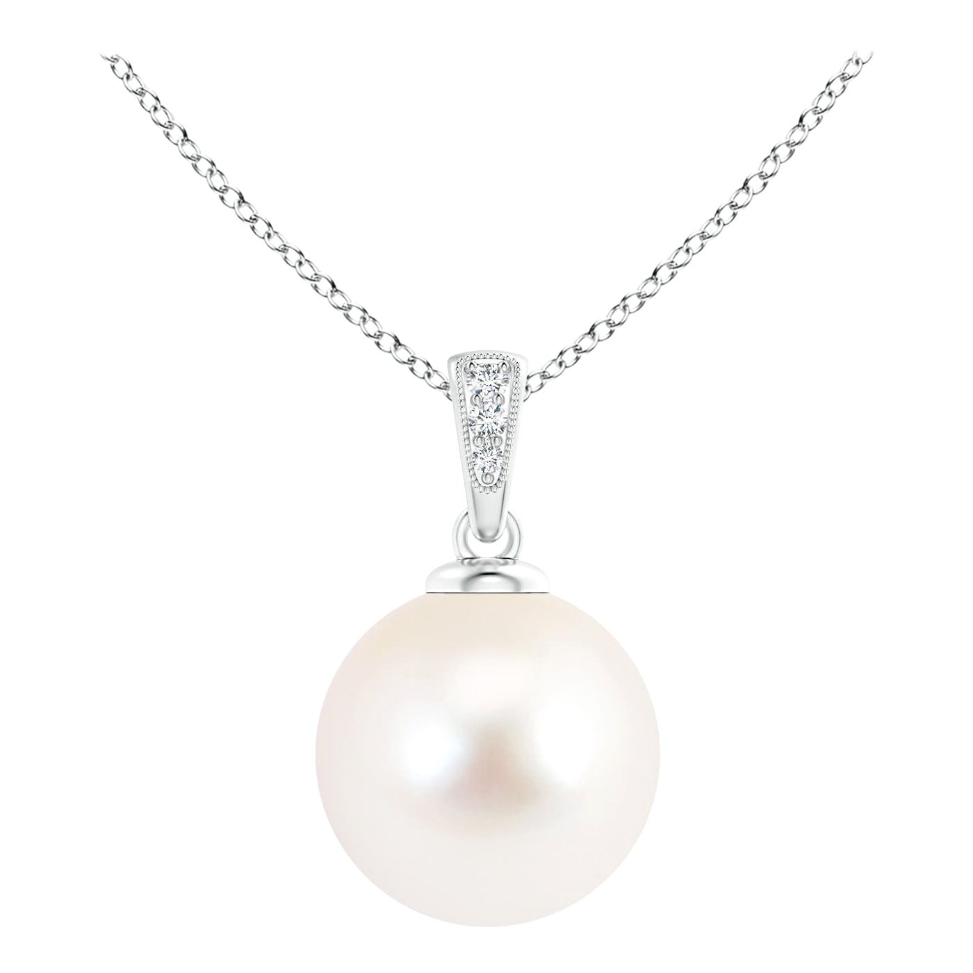Solitaire Freshwater Cultured Pearl Pendant with Diamonds in 14K White Gold For Sale
