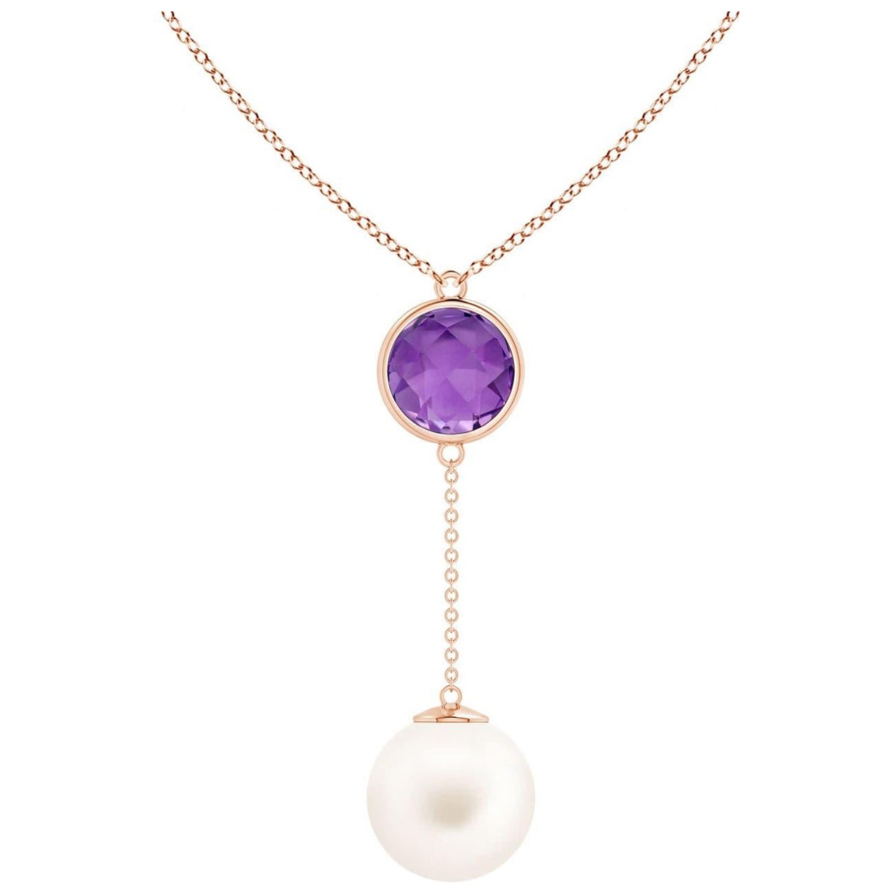 Freshwater Cultured Pearl & 2.85ct Amethyst Lariat Necklace in 14K Rose Gold For Sale