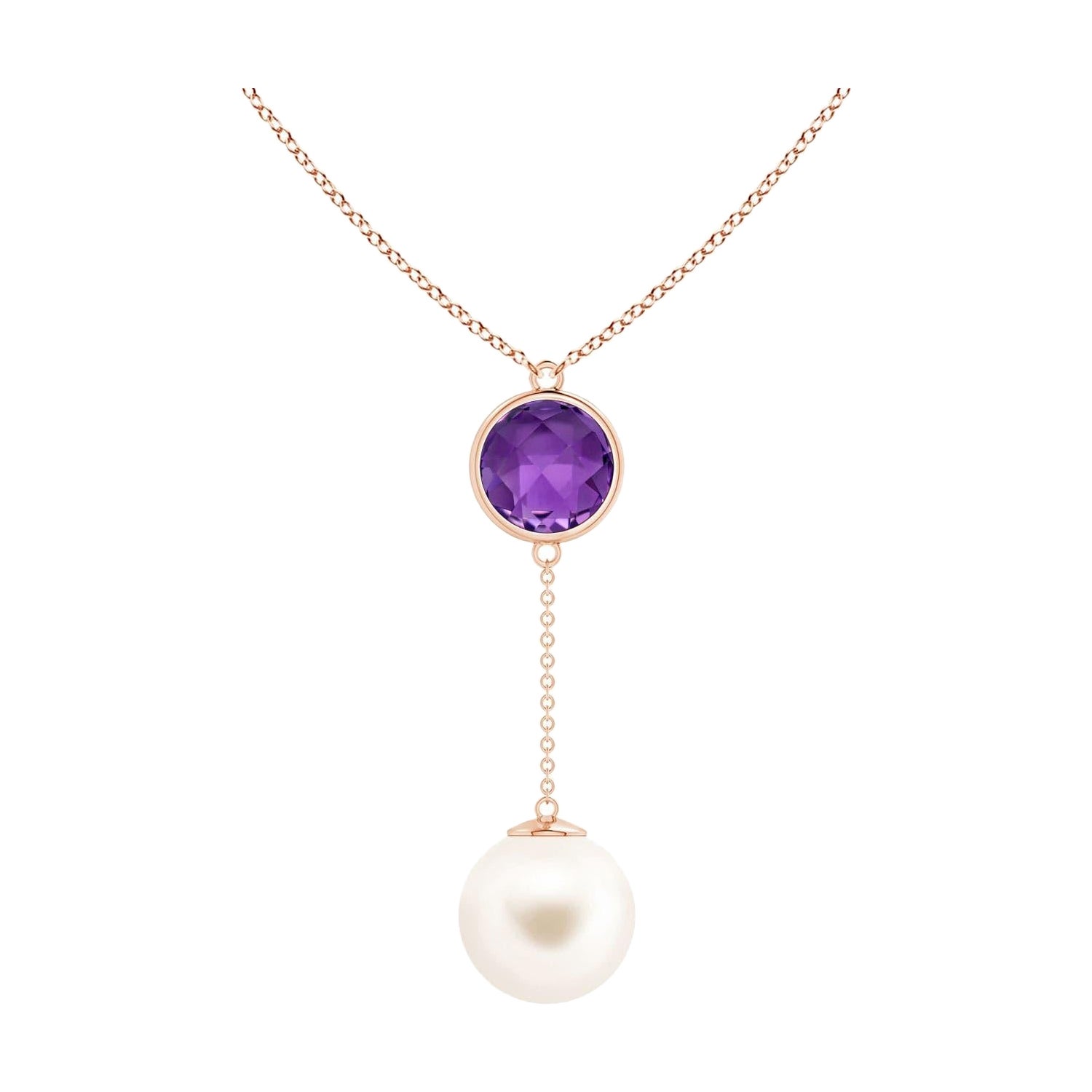 Freshwater Cultured Pearl & 2.85ct Amethyst Lariat Necklace in 14K Rose Gold For Sale