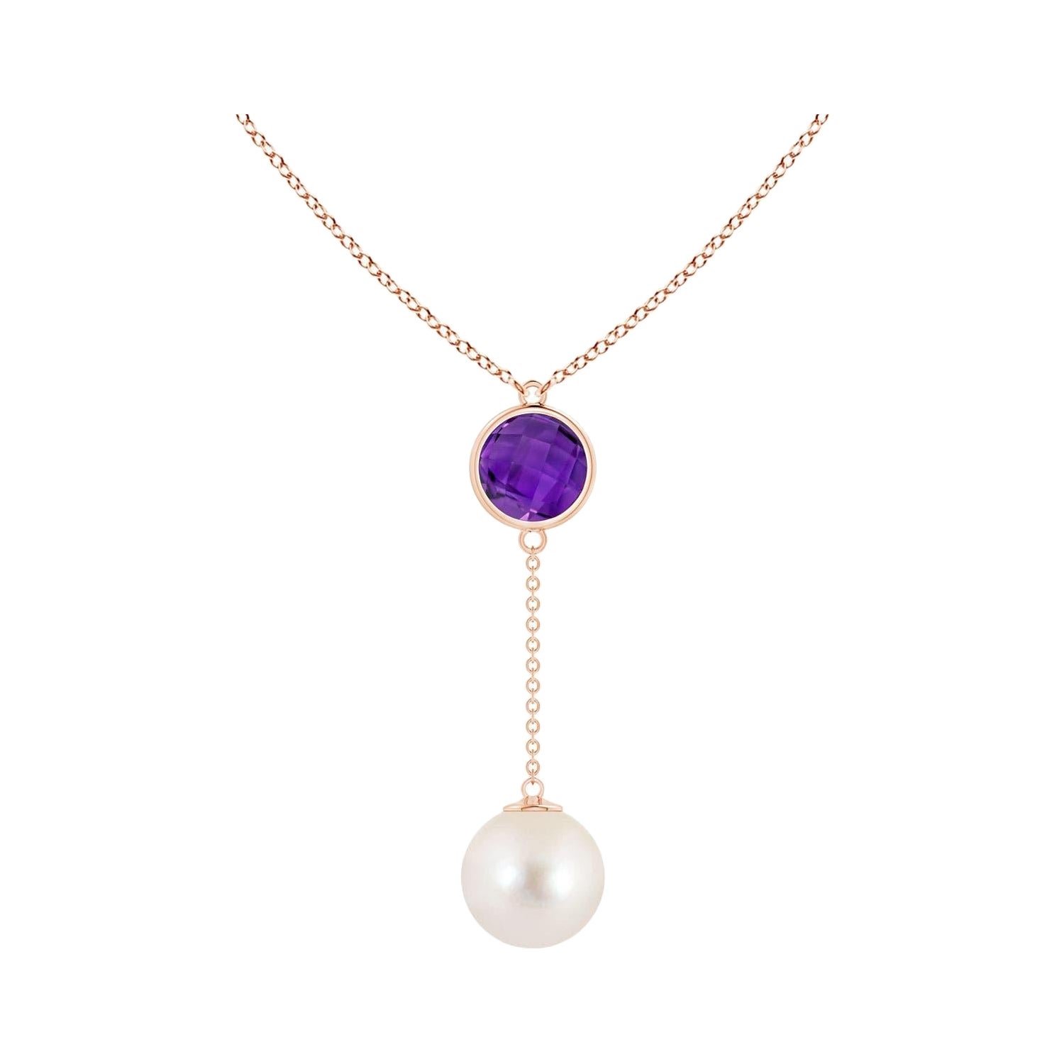 Freshwater Cultured Pearl & 1.65ct Amethyst Lariat Necklace in 14K Rose Gold For Sale