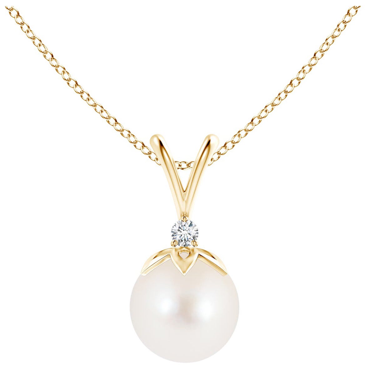 Freshwater Cultured Pearl V-Bale Pendant with Diamond in 14K Yellow Gold For Sale
