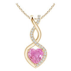 Natural 0.80ct Pink Sapphire Infinity Heart Pendant Diamonds in 14K Yellow Gold