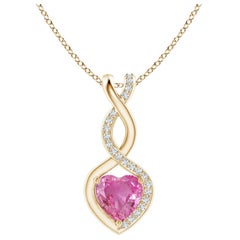 Natural 0.80ct Pink Sapphire Infinity Heart Pendant Diamonds in 14K Yellow Gold