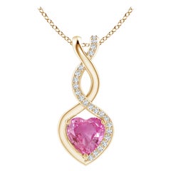 Natural 0.80ct Pink Sapphire Infinity Heart Pendant Diamonds in 14K Yellow Gold