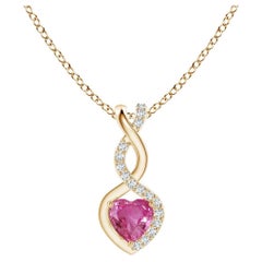 Natural 0.25ct Pink Sapphire Infinity Heart Pendant Diamonds in 14K Yellow Gold
