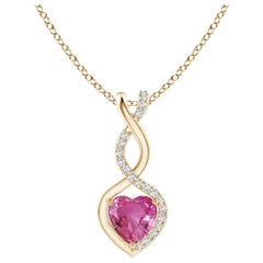 Natural 0.55ct Pink Sapphire Infinity Heart Pendant Diamonds in 14K Yellow Gold