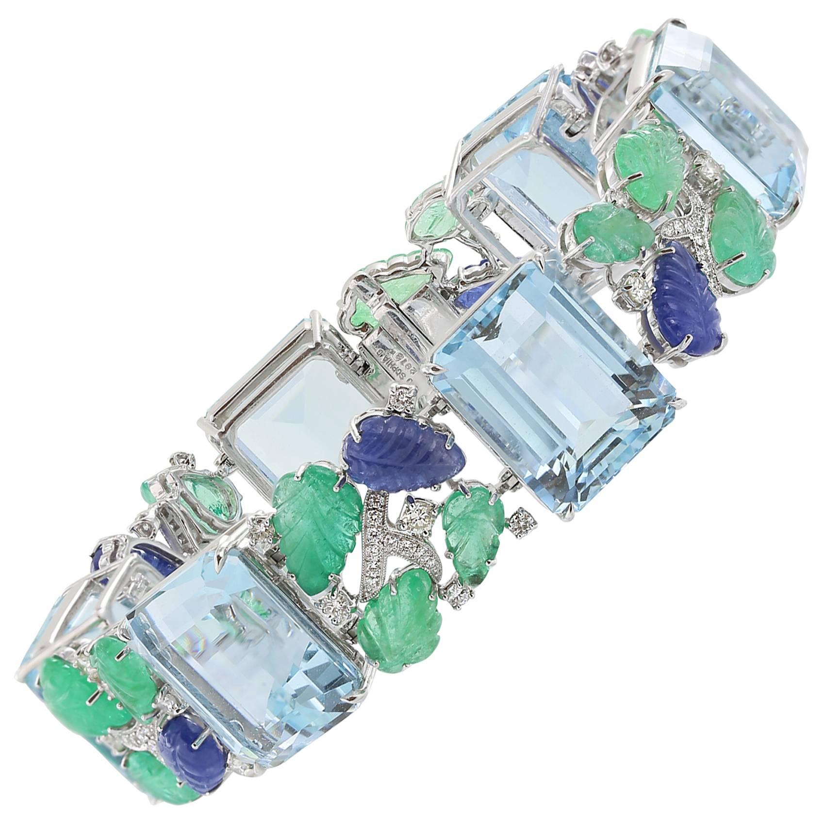 Aquamarine Carved Sapphire Emerald Bracelet For Sale