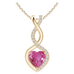 Natürlicher 0,80 Karat rosa Saphir Unendlichkeitsherz-Anhänger aus 14 Karat Gelbgold mit Diamanten
