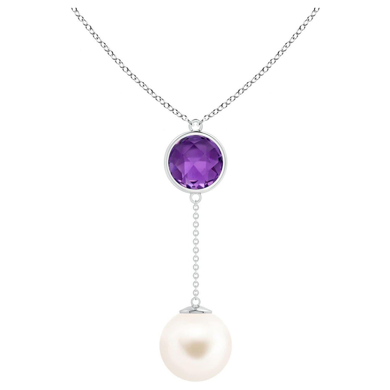 Freshwater Cultured Pearl & 2.85ct Amethyst Lariat Necklace in 14K White Gold