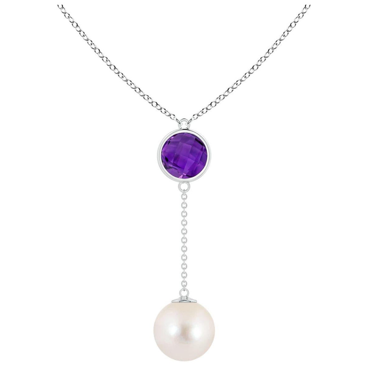 Freshwater Cultured Pearl & 1.65ct Amethyst Lariat Necklace in 14K White Gold For Sale