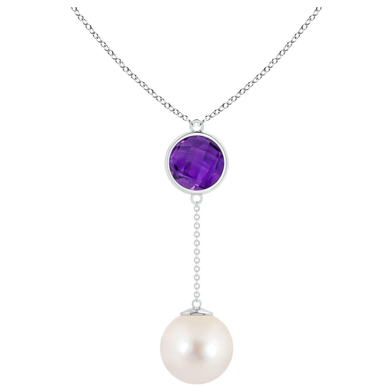 Freshwater Cultured Pearl & 2.85ct Amethyst Lariat Necklace in 14K White Gold For Sale