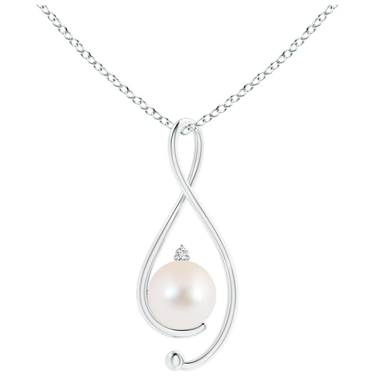 Freshwater Cultured Pearl Infinity Pendant with Diamond in 14K White Gold For Sale