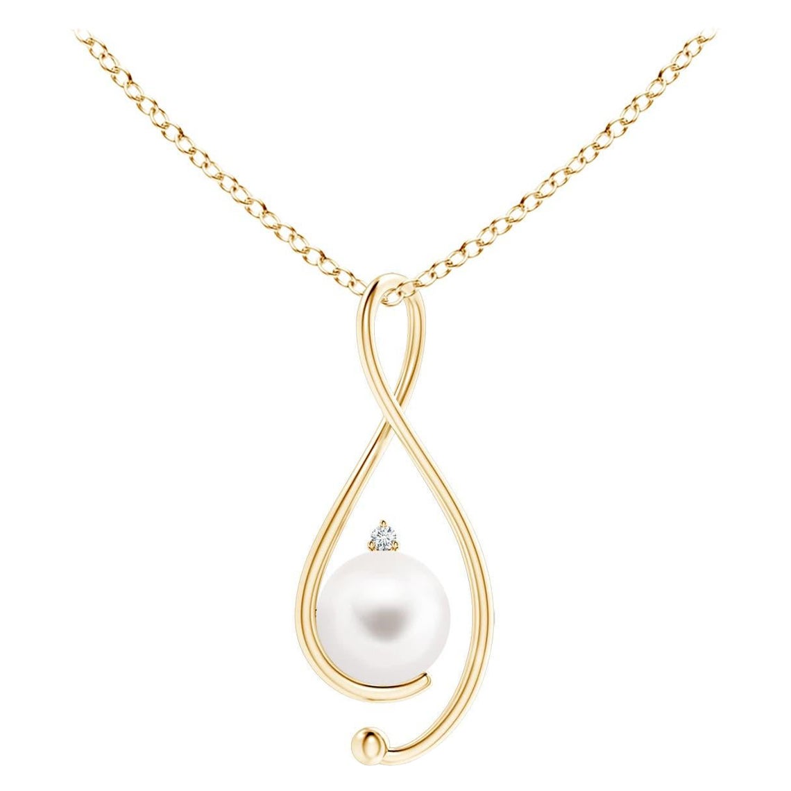 Freshwater Cultured Pearl Infinity Pendant with Diamond in 14K Yellow Gold For Sale