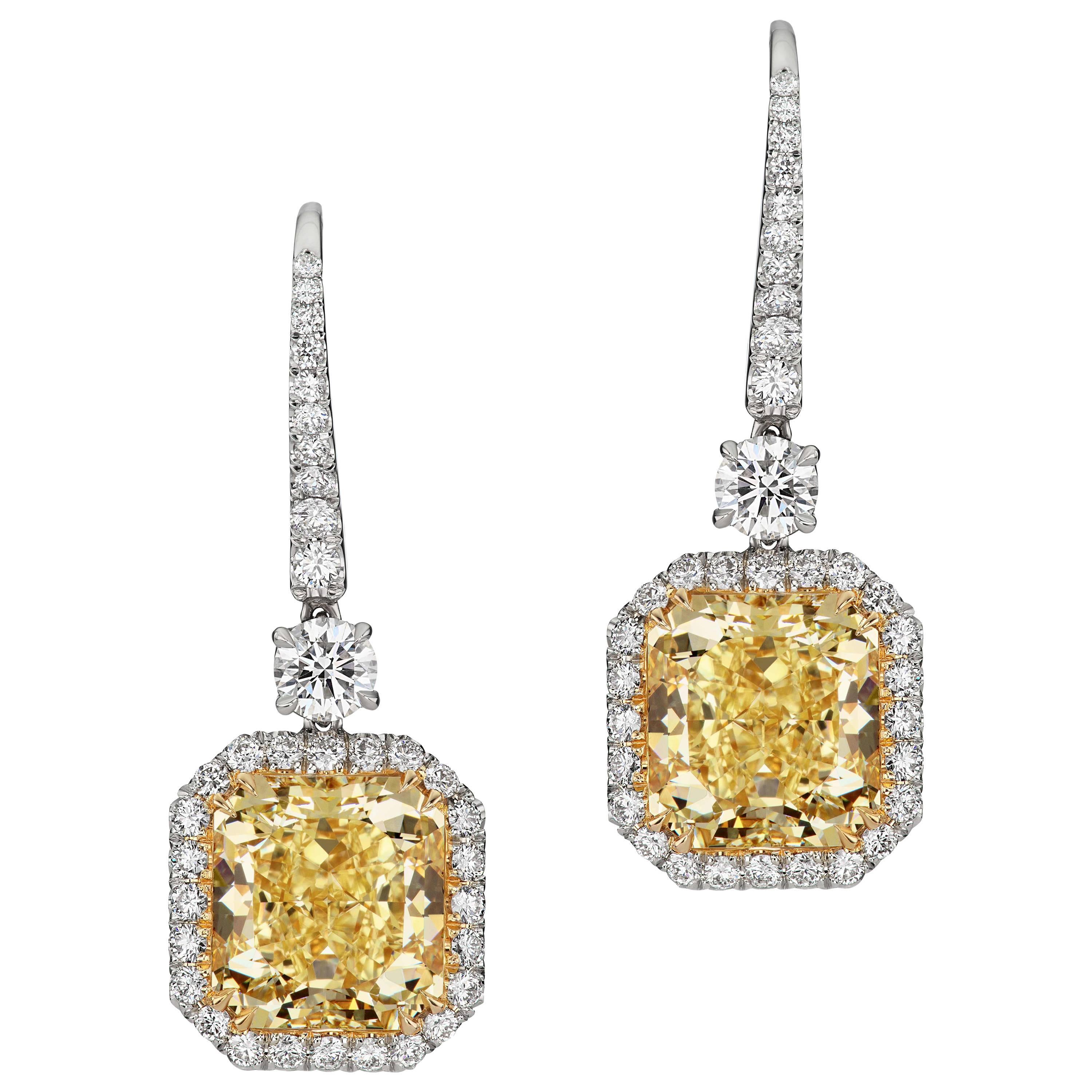 10.23 Carat Fancy Yellow Diamond Yellow Gold White Diamond Platinum Drop Earring For Sale