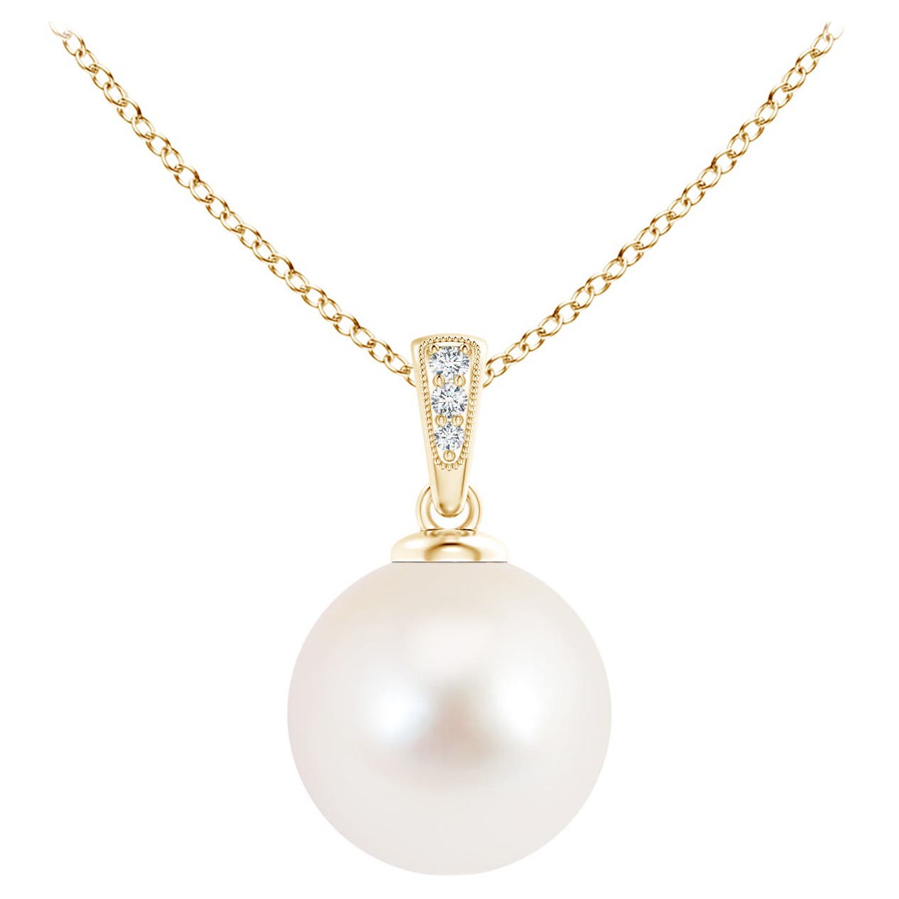 Solitaire Freshwater Cultured Pearl Pendant with Diamonds in 14K Yellow Gold For Sale