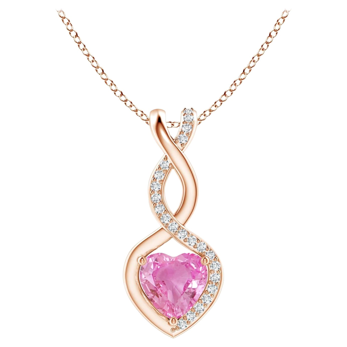 Natural 0.80ct Pink Sapphire Infinity Heart Pendant Diamonds in 14K Rose Gold