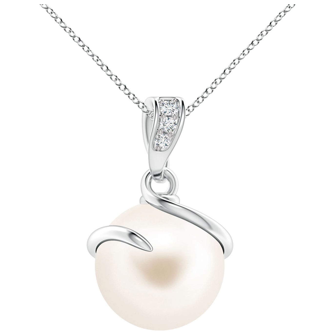 Freshwater Cultured Pearl Spiral Pendant with Diamonds in 14K White Gold For Sale