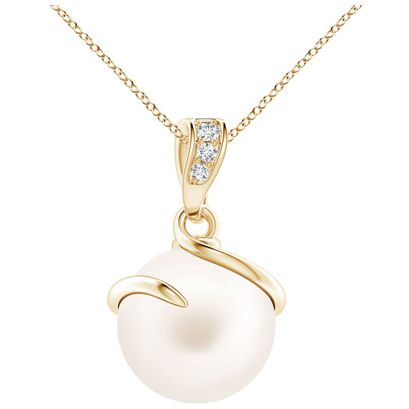 Freshwater Cultured Pearl Spiral Pendant with Diamonds in 14K Yellow Gold For Sale
