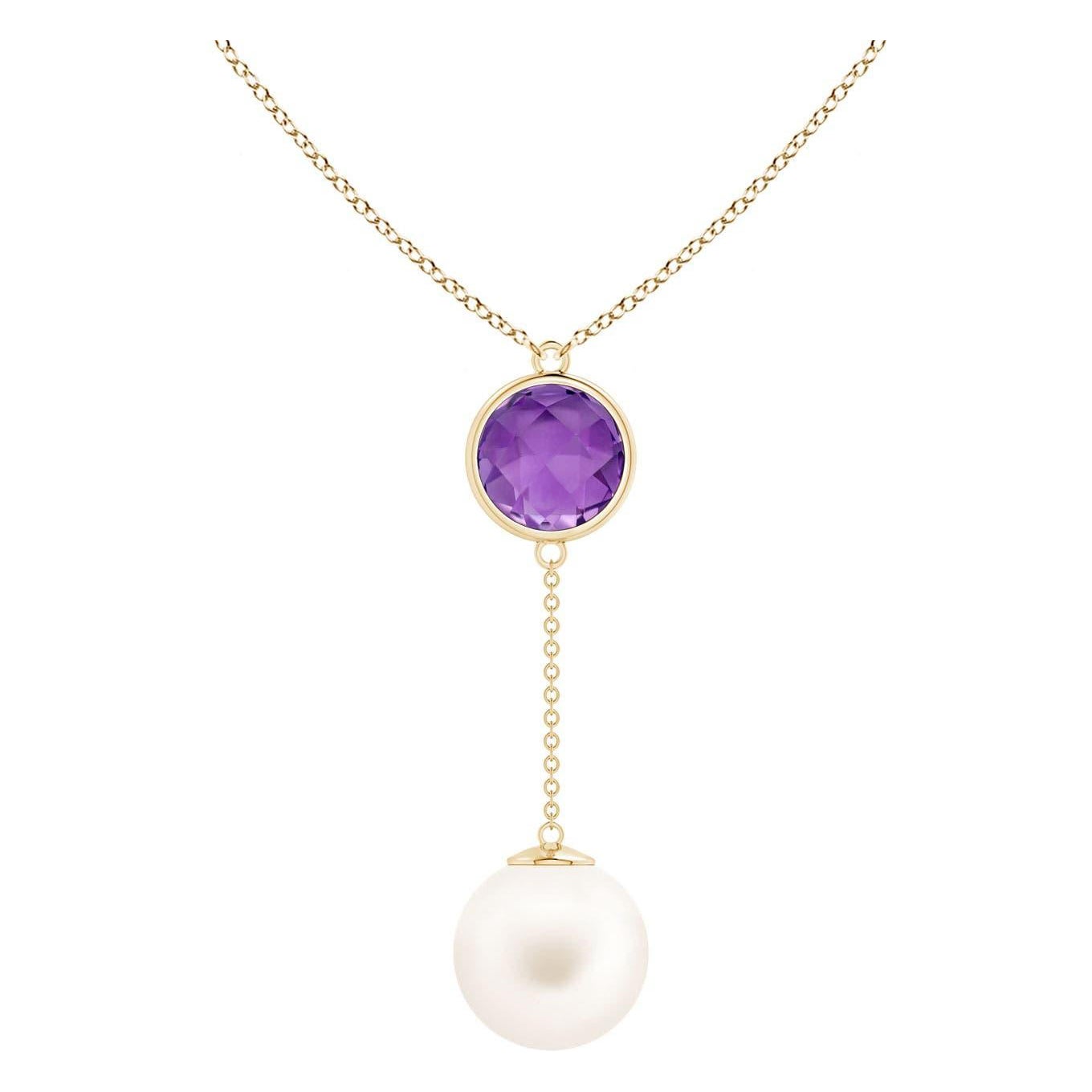 Freshwater Cultured Pearl & 2.85ct Amethyst Lariat Necklace in 14K Yellow Gold For Sale