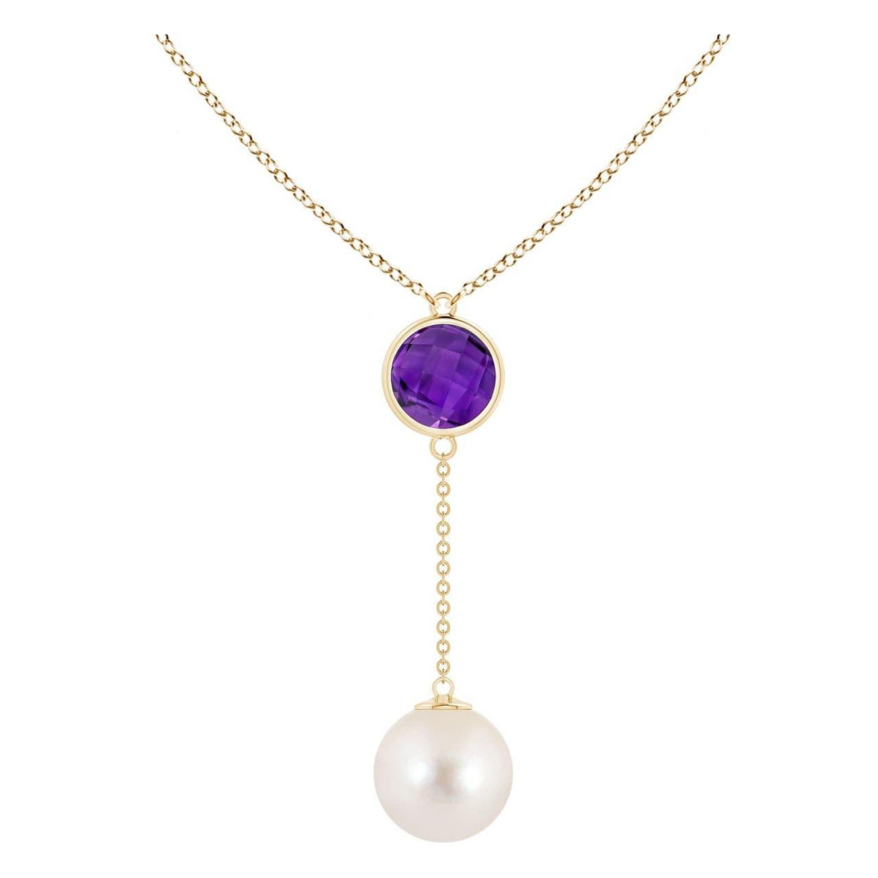 Freshwater Cultured Pearl & 1.65ct Amethyst Lariat Necklace in 14K Yellow Gold