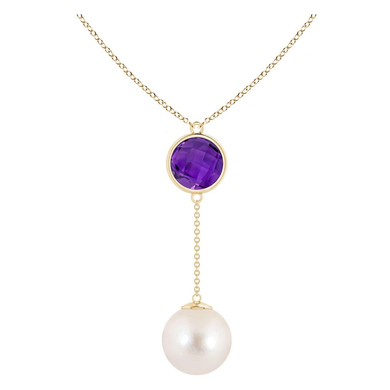 Freshwater Cultured Pearl & 2.85ct Amethyst Lariat Necklace in 14K Yellow Gold