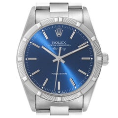Rolex Air King Engine Turned Bezel Blue Dial Steel Mens Watch 14010 Box Papers